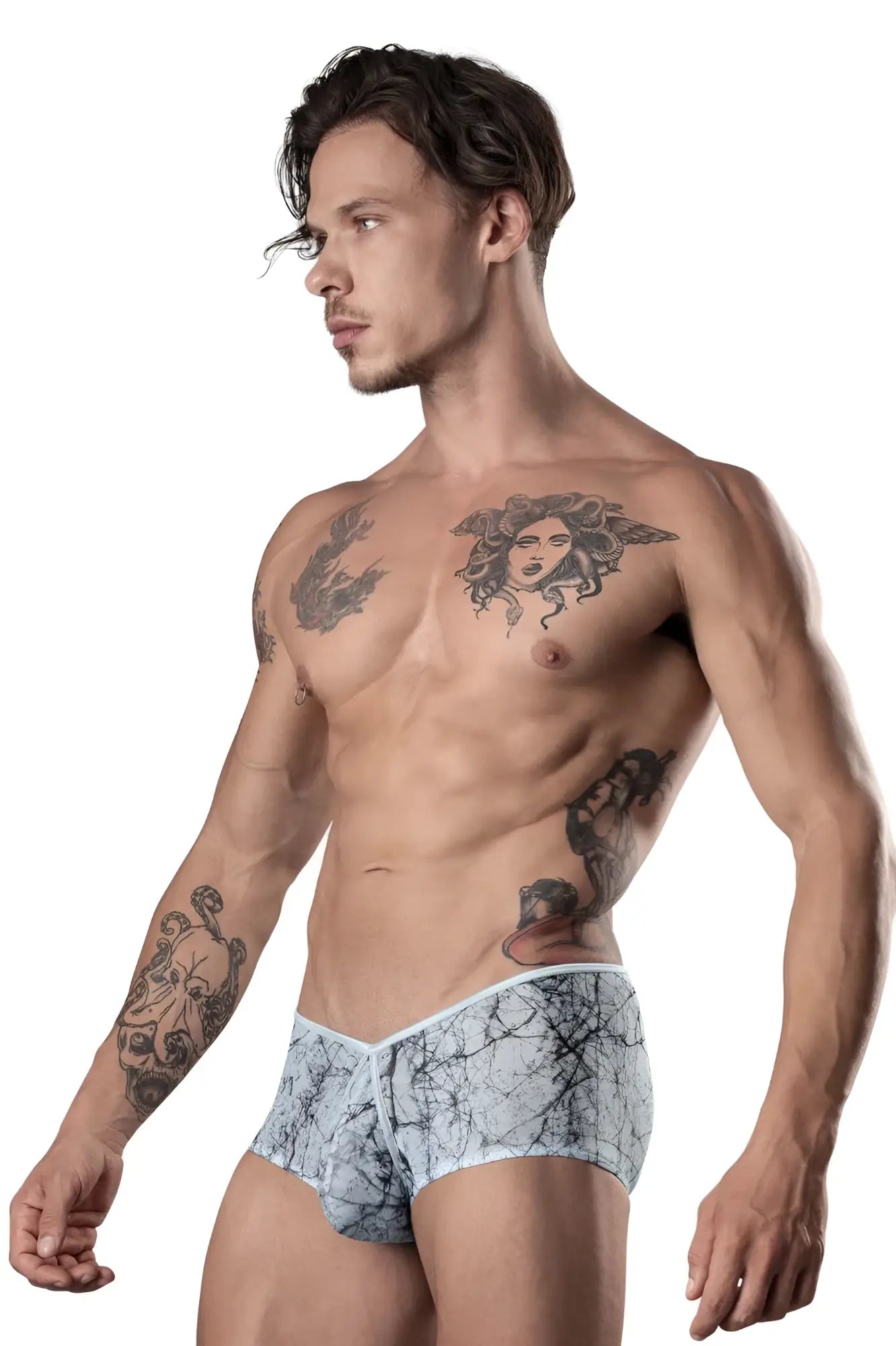 Male power light blue marble mesh micro mini short briefs with light blue and white patterned marble design