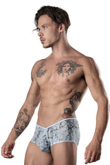 Male power light blue marble mesh micro mini short briefs with light blue and white patterned marble design