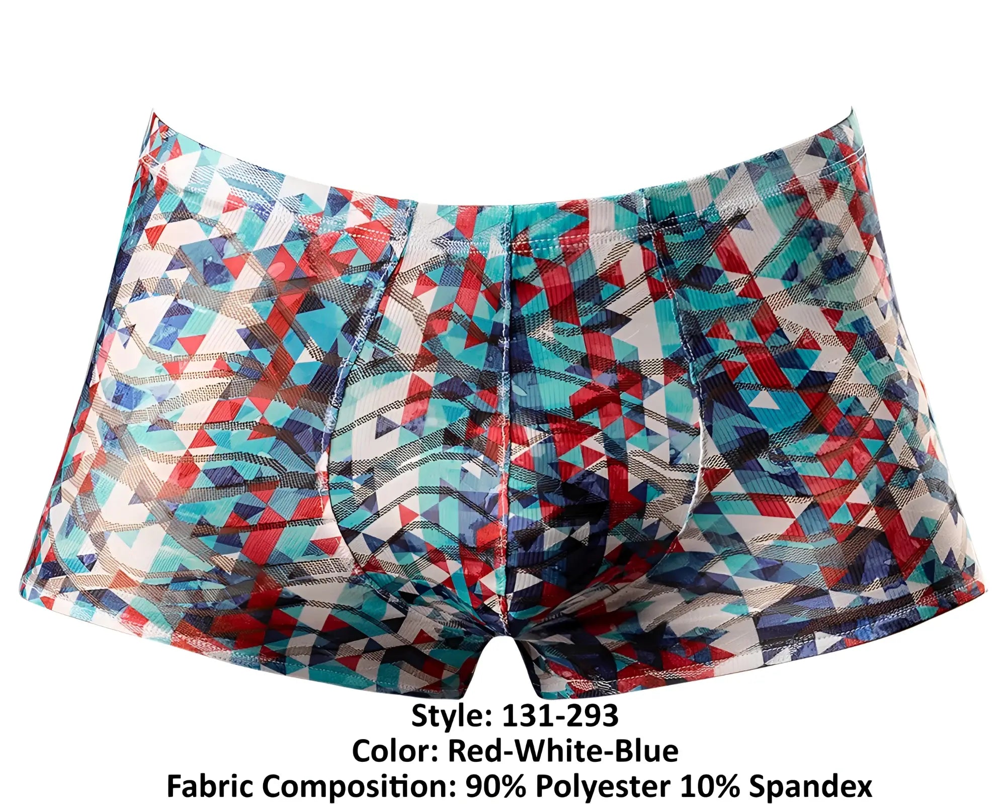 Male power 131 293 your lace or mine pouch short boxer briefs in red white and blue with vibrant geometric pattern and polyester spandex blend