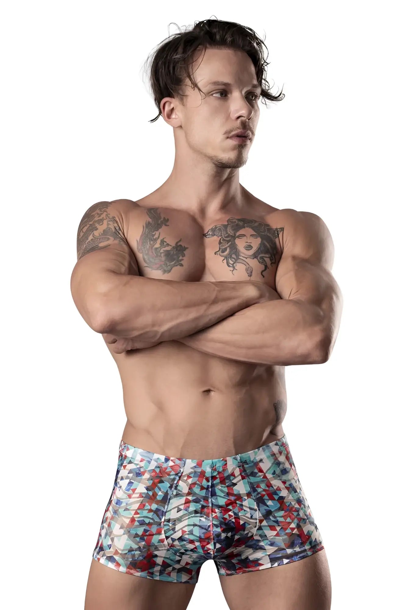 Male power 131-293 your lace or mine pouch short boxer briefs with vibrant red white and blue geometric pattern