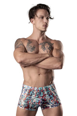 Male power 131-293 your lace or mine pouch short boxer briefs with vibrant red white and blue geometric pattern