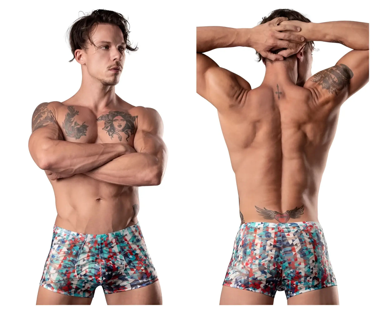 Men’s Male Power 131-293 Your Lace Or Mine pouch boxer briefs with vibrant red white and blue abstract geometric pattern