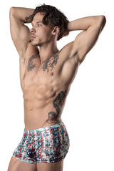Men’s boxer briefs male power 131-293 with vibrant red white and blue geometric pouch short design