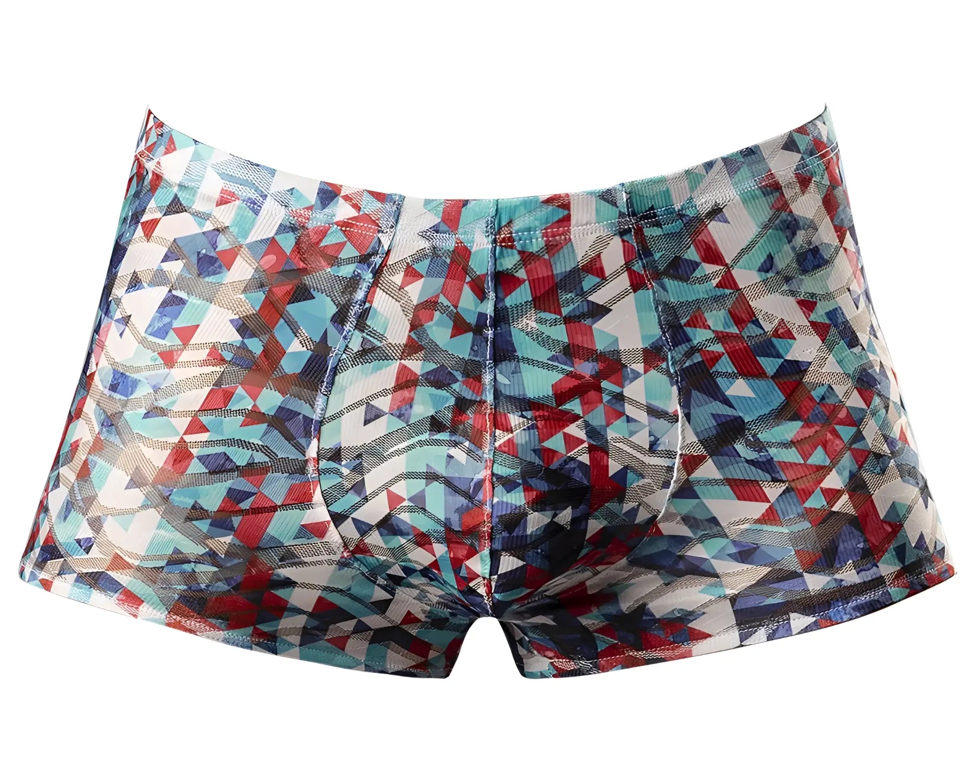 Male power 131-293 your lace or mine pouch short boxer briefs in red white and blue with vibrant geometric pattern