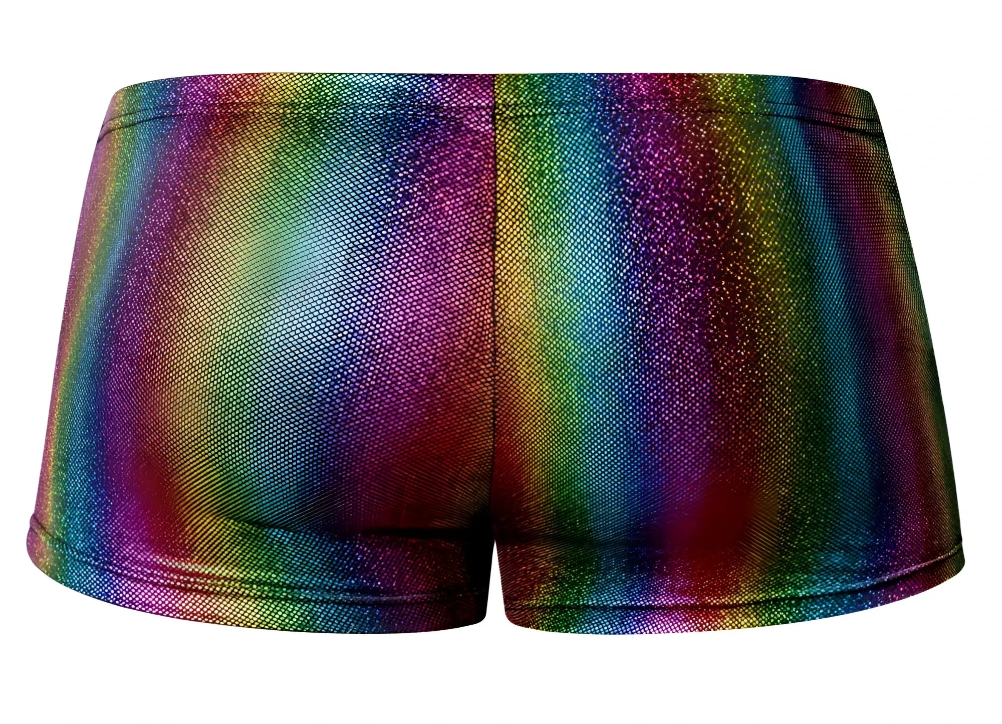 Male Power 132-297 pack n play pocket shorts in shimmering rainbow glitter iridescent fabric with full spectrum colors