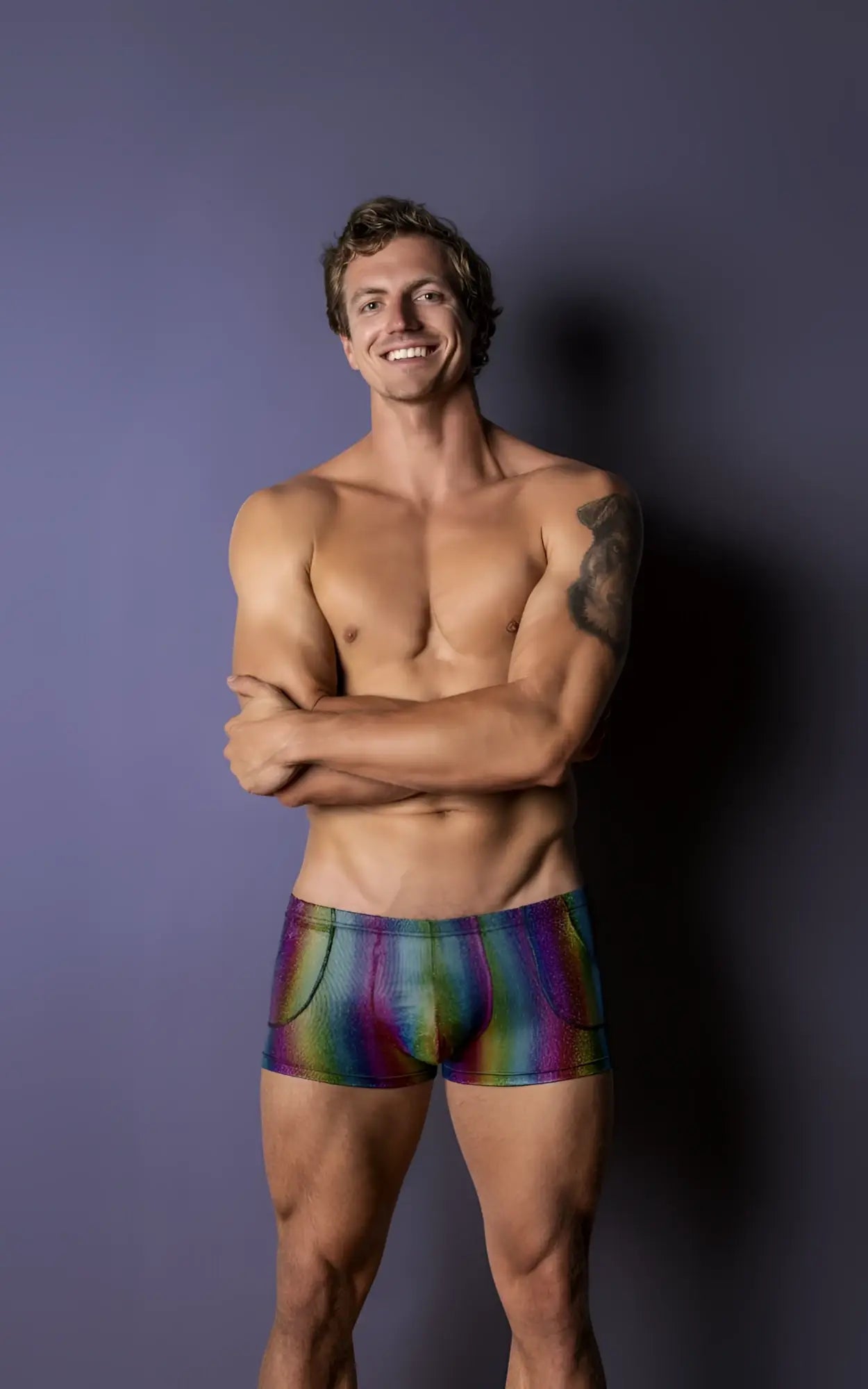 Male power 132-297 pack n play pocket short rainbow briefs with rainbow-striped iridescent fabric and sleek modern design