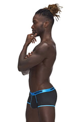 Black male power briefs with blue trim featuring uplift mini short design model 143-270 casanova for support