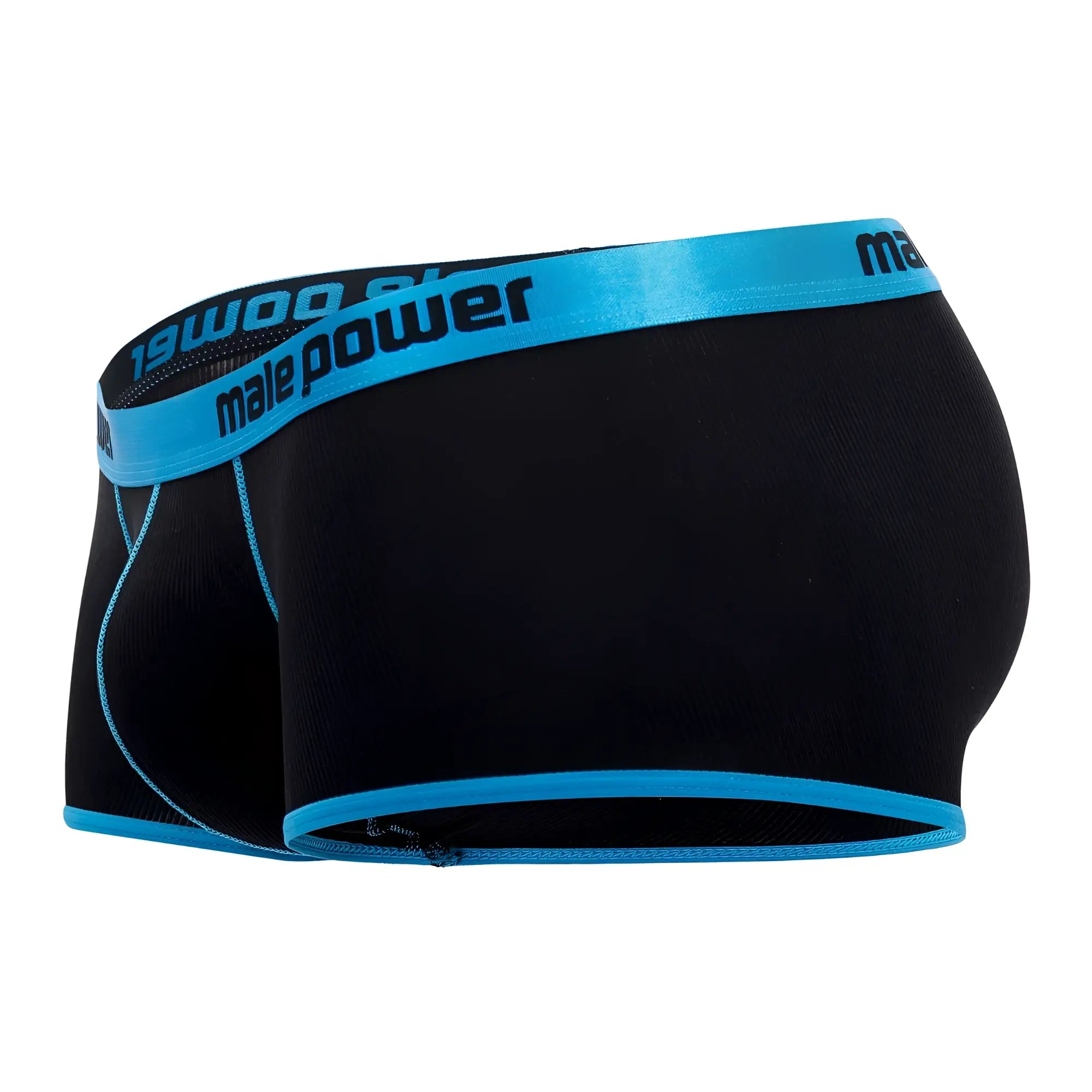 Black male power 143-270 casanova uplift mini short briefs with bright blue waistband and trim featuring logo