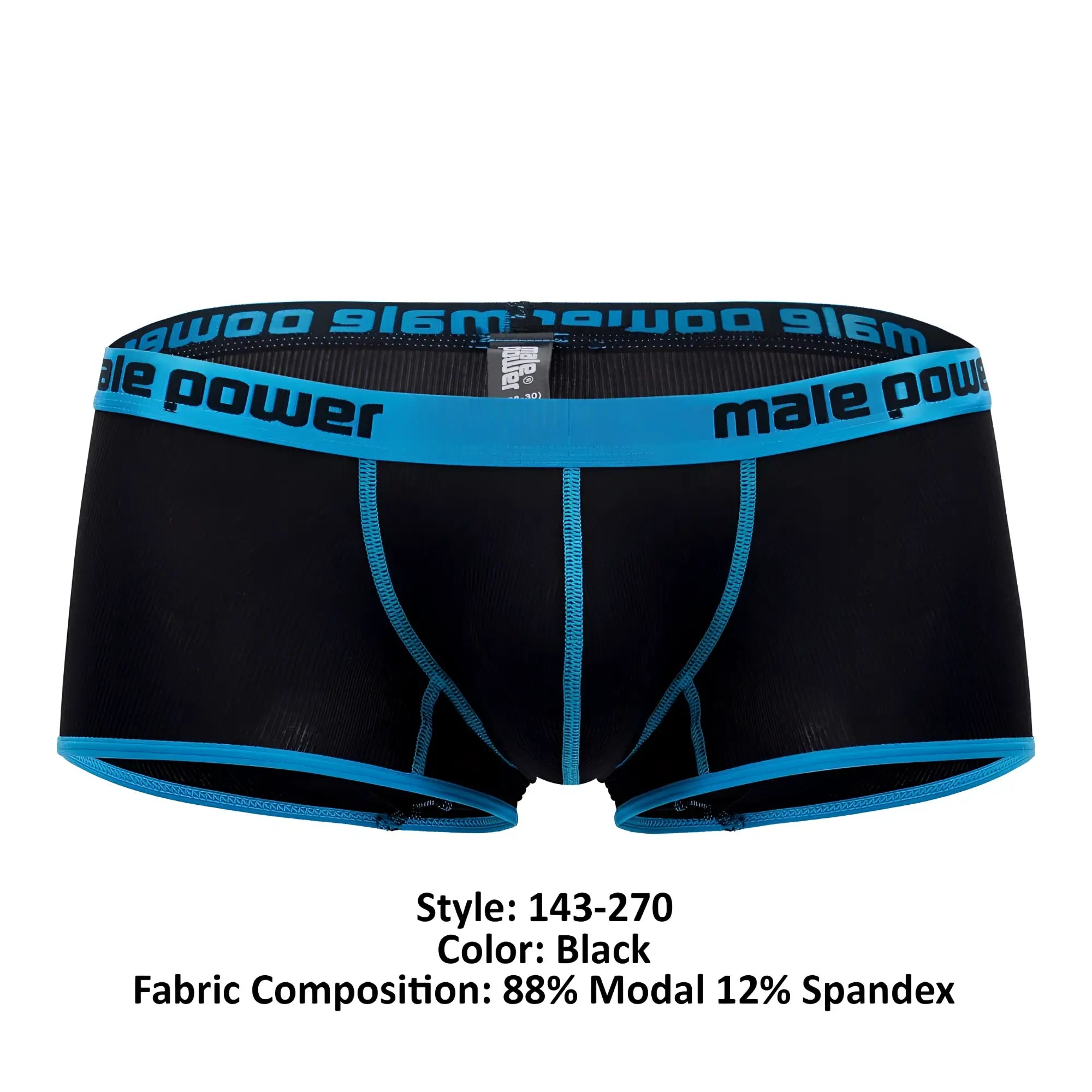 Male power 143-270 casanova uplift mini short black men’s briefs with bright blue trim and male power logo waistband
