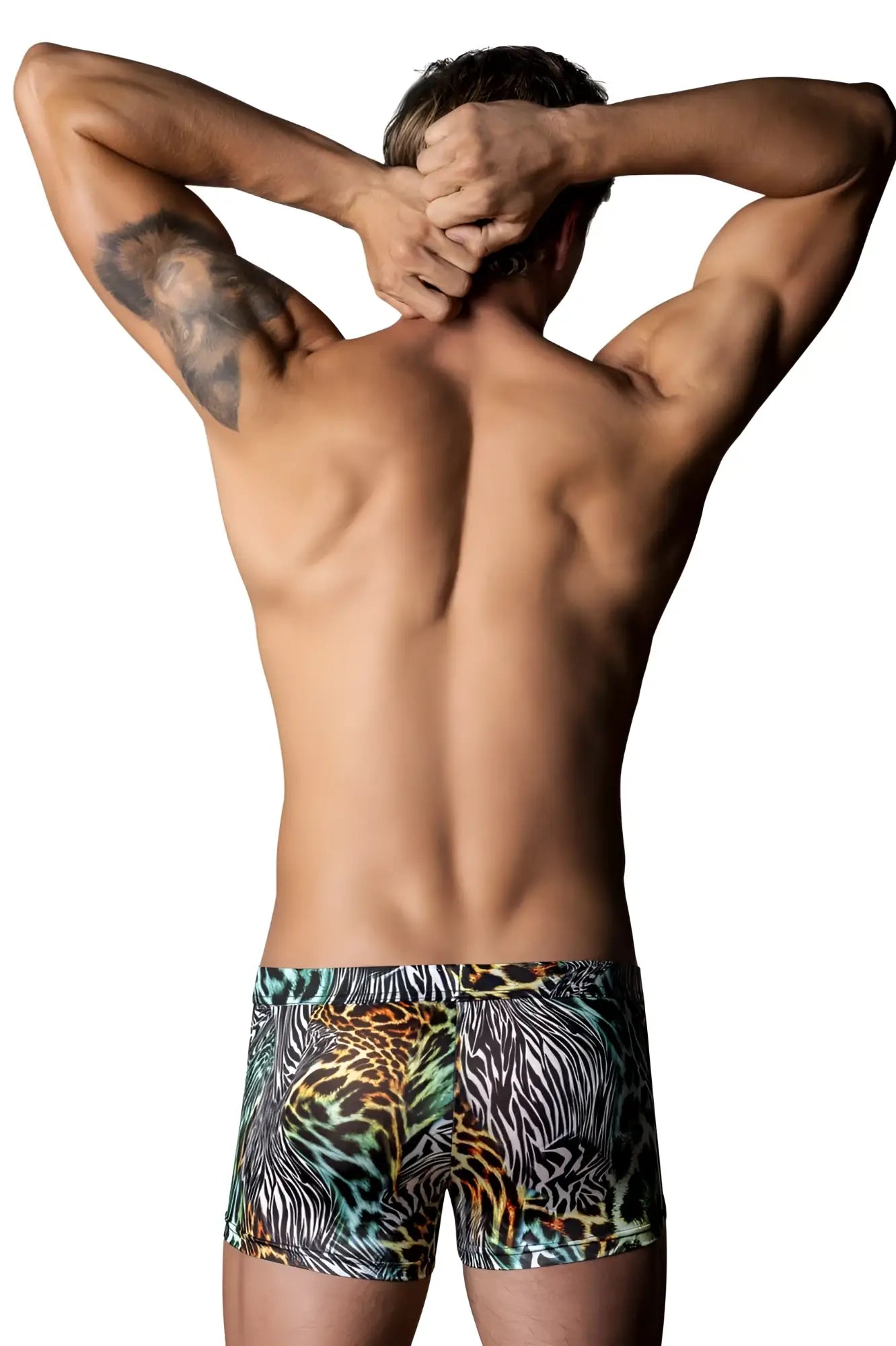 Men’s Male Power 143-295 Go Wild Uplift mini short boxer briefs in bold multi-animal leopard and zebra print