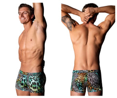 Men’s Male Power 143-295 Go Wild uplift mini short boxer briefs with vibrant teal black and gold leopard and zebra print