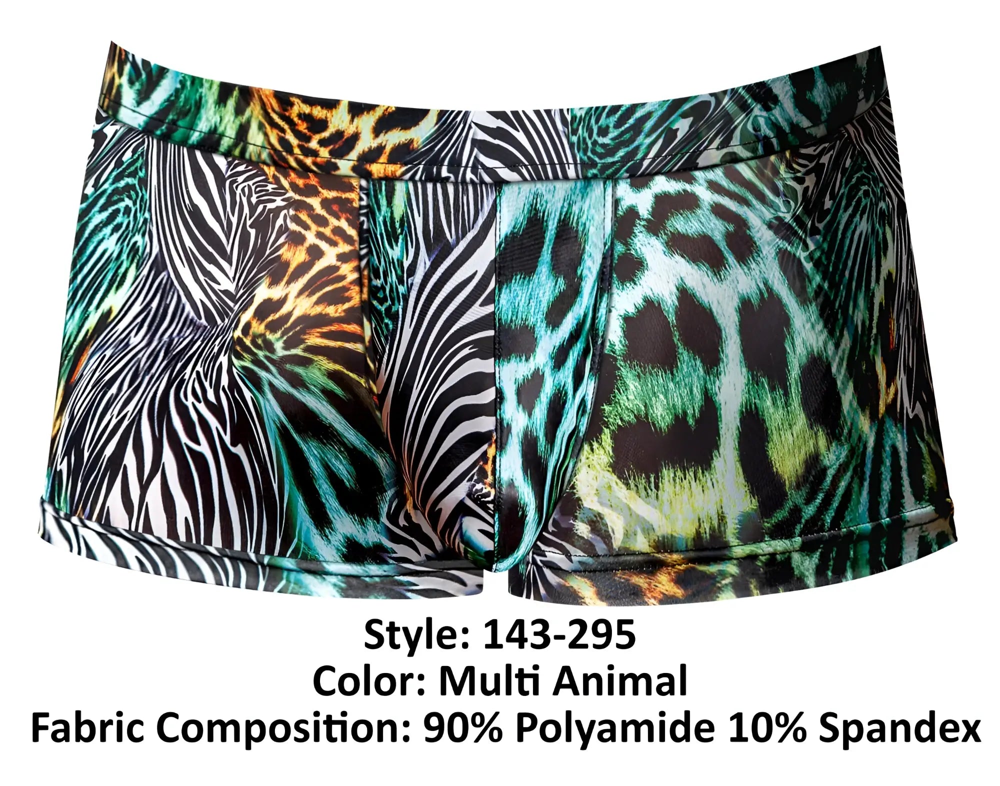Male power 143-295 go wild uplift mini short multi animal print briefs in vibrant polyamide spandex fabric