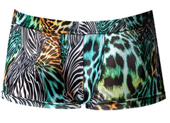 Vibrant male power 143-295 go wild uplift mini short briefs with bold teal black white and orange zebra and leopard prints