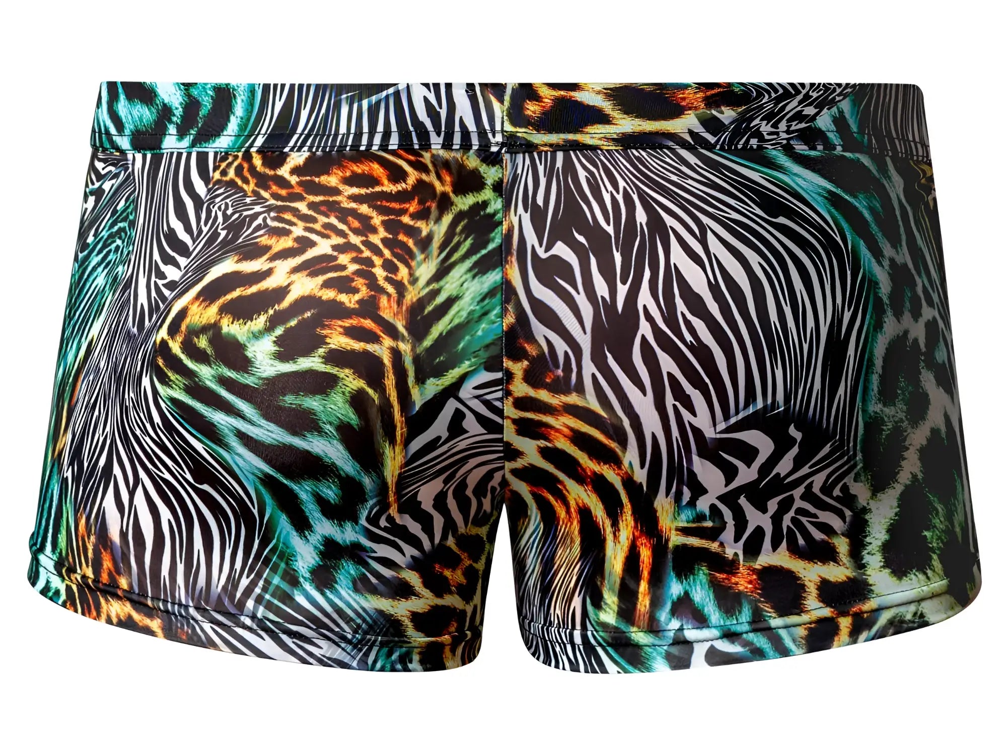 Male power 143-295 go wild uplift mini short in multi animal print swim trunks with vibrant zebra and leopard patterns