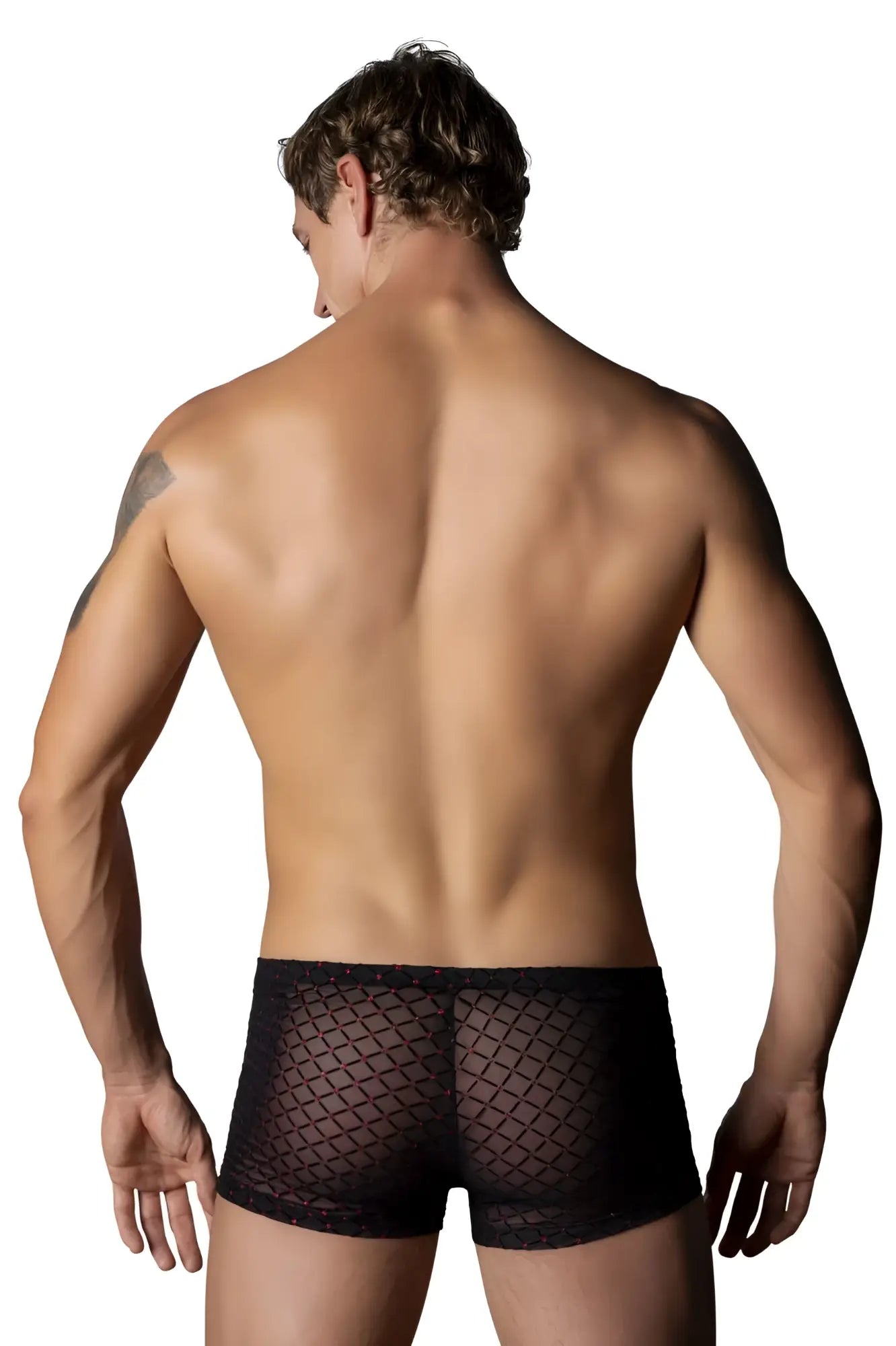 Male power 143-296 widow maker mini pouch short in black fishnet boxer briefs with diamond-patterned mesh design