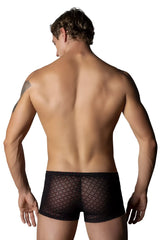 Male power 143-296 widow maker mini pouch short in black fishnet boxer briefs with diamond-patterned mesh design