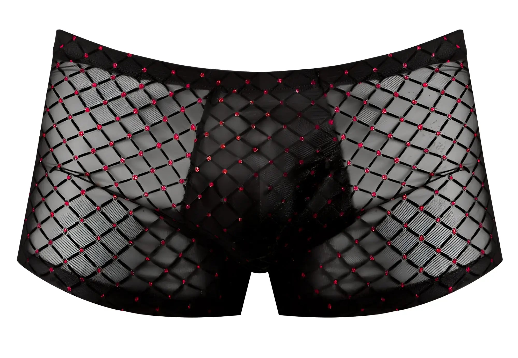 Male power 143-296 widow maker mini pouch shorts in black fishnet with diamond pattern and red rhinestone accents