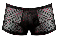 Male power 143-296 widow maker mini pouch shorts in black fishnet with diamond pattern and red rhinestone accents