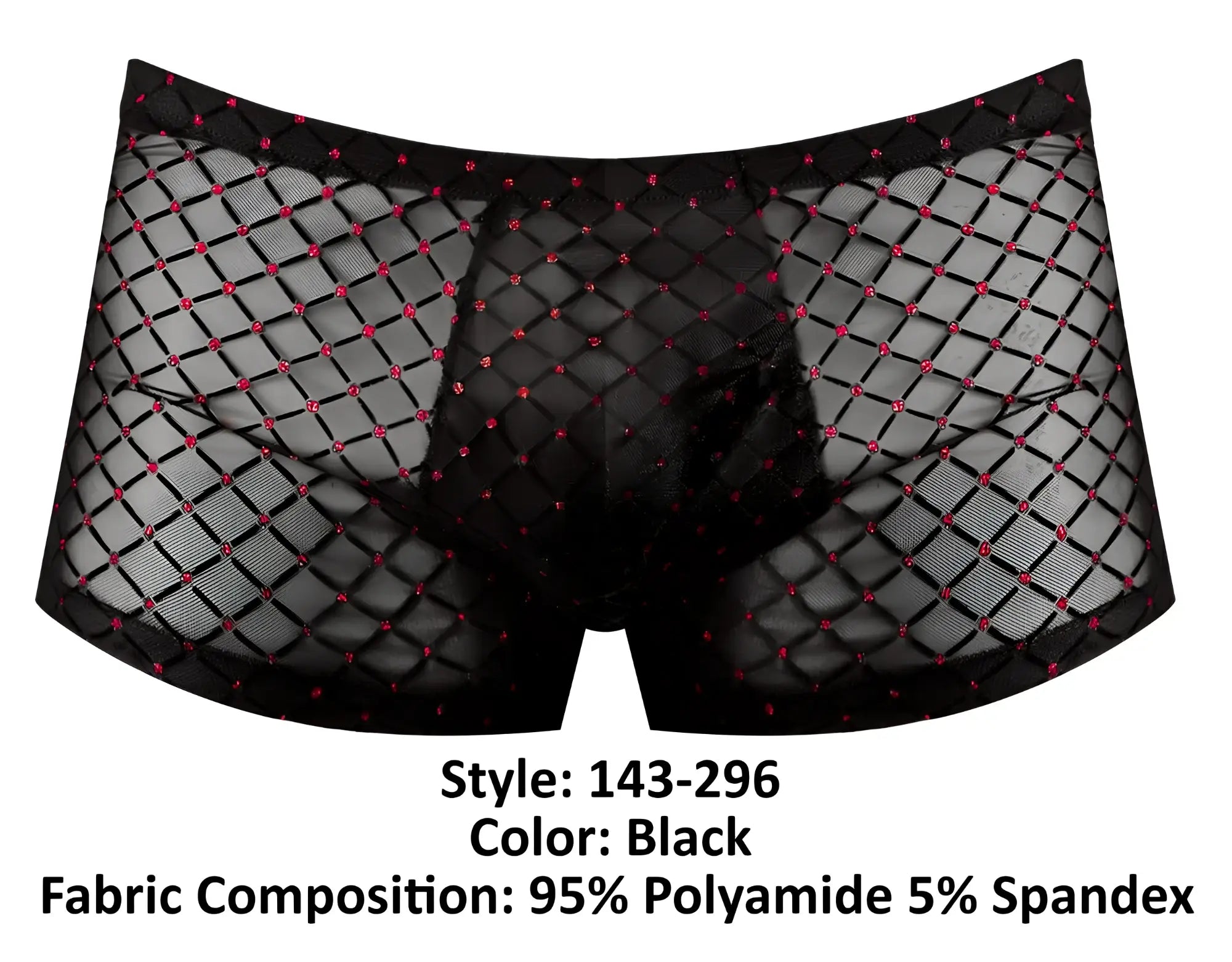 Male power 143-296 widow maker mini pouch short in black mesh with diamond pattern and pink rhinestones