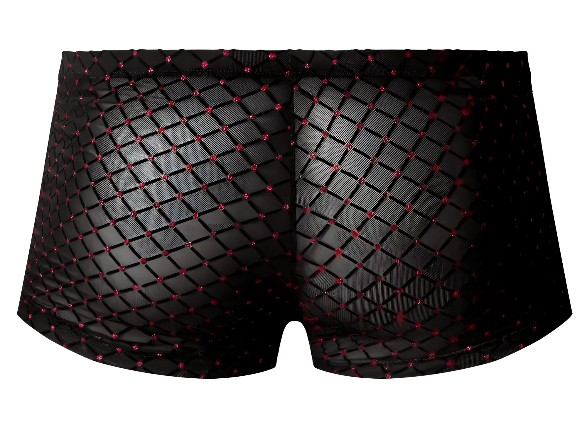 Male power 143-296 widow maker mini pouch short in black mesh with diamond pattern and red embellishments
