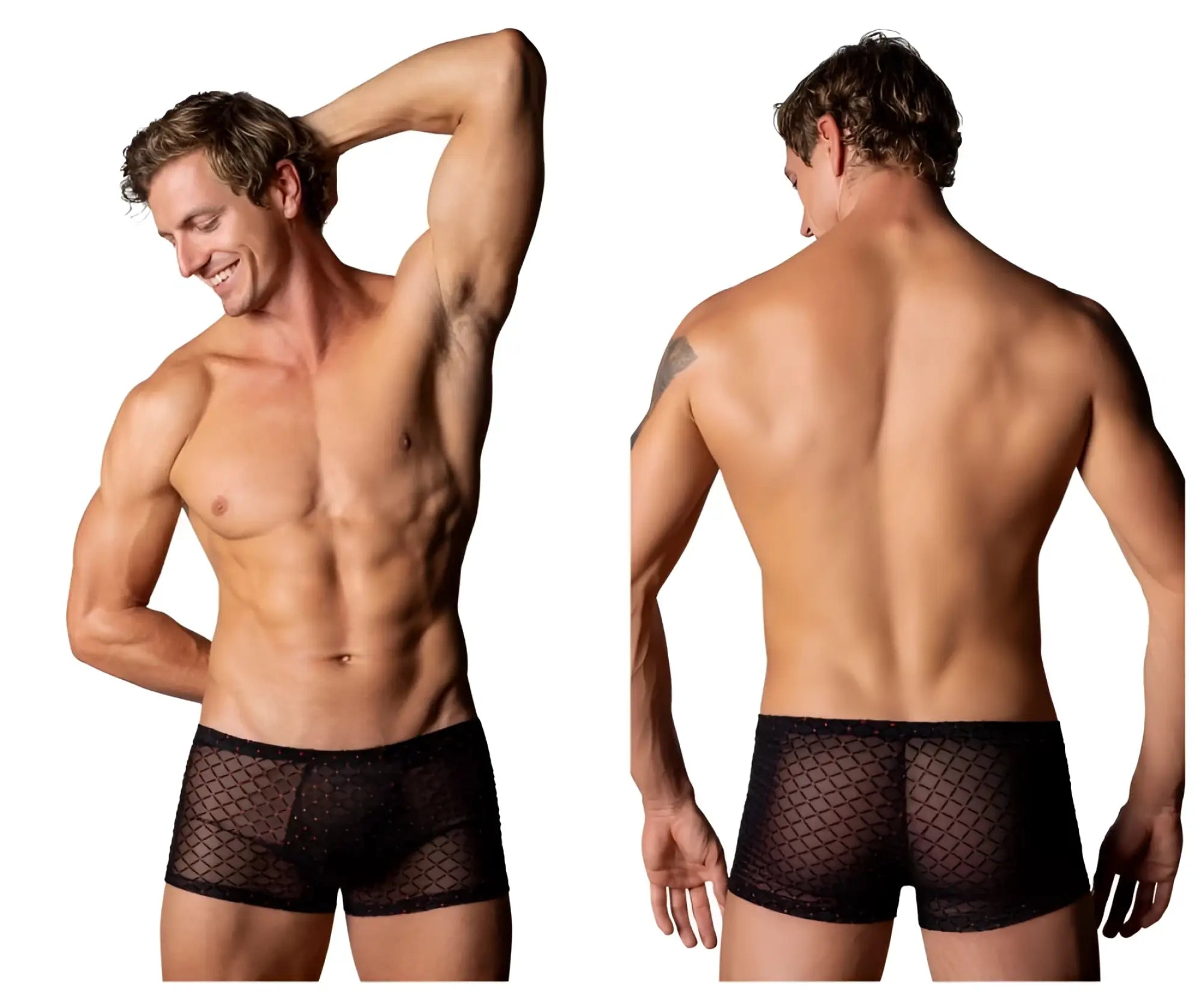 Male power 143-296 widow maker mini pouch short black mesh briefs with subtle diamond pattern front view