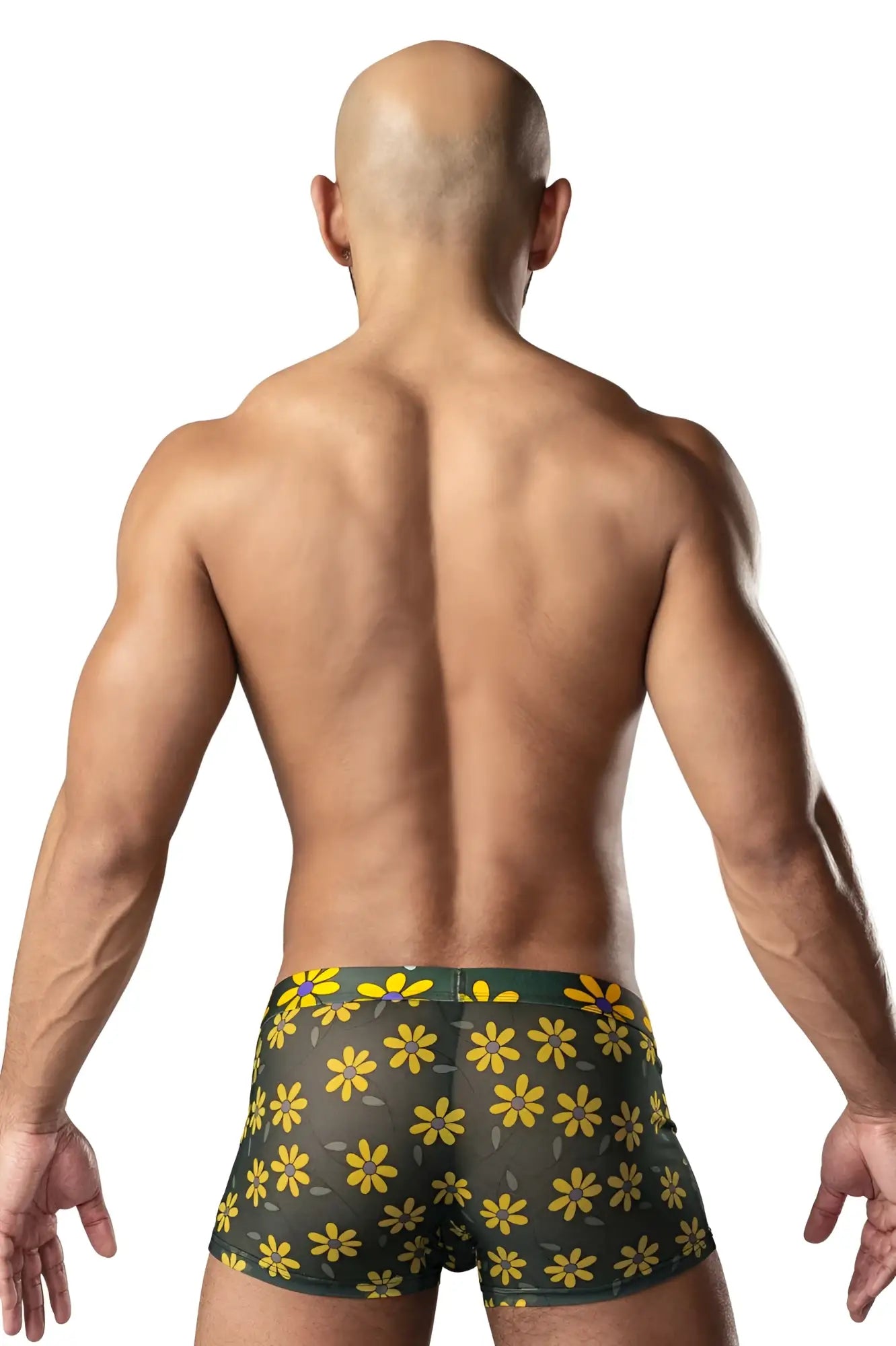 Dark green male power 145-285 petal power pouch boxer briefs with vibrant yellow daisy print floral pattern