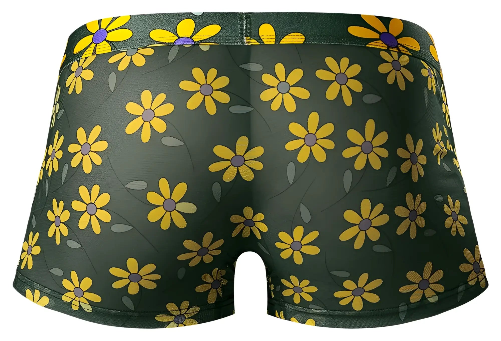 Dark green male power 145-285 petal power boxer briefs with yellow daisy print and purple centers with gray leaves