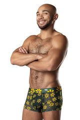Male power 145-285 petal power green briefs with vibrant yellow daisy print pouch short for men