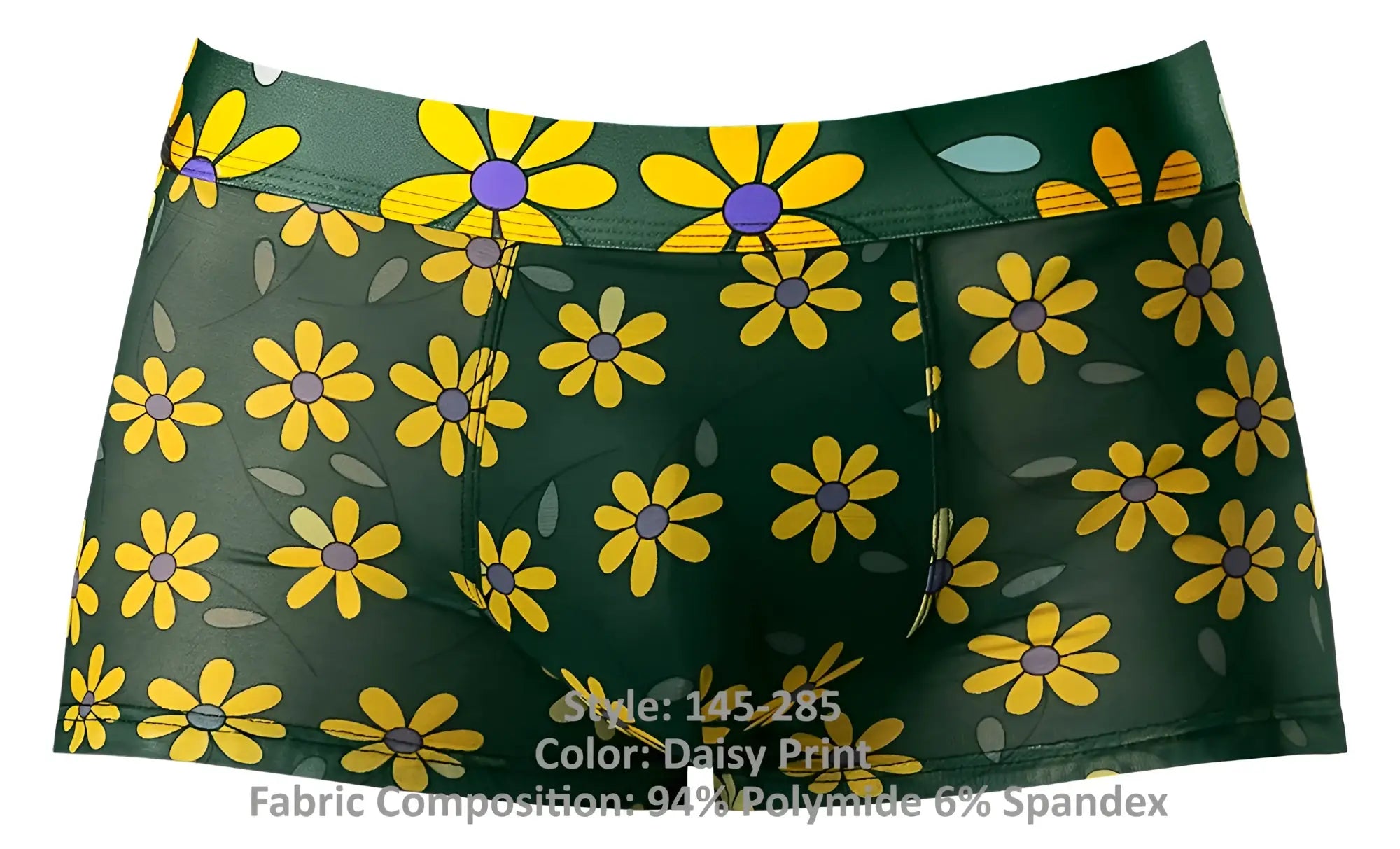 Male power 145-285 petal power pouch short green briefs with vibrant yellow daisy print and gray leaf accents