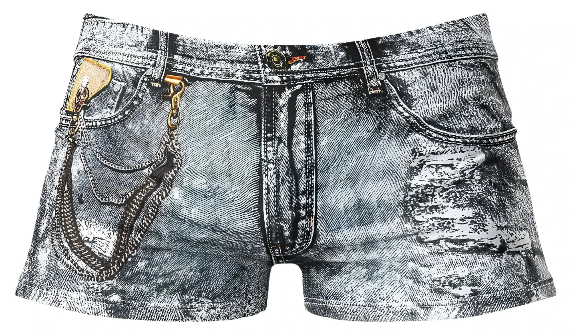 Male power 145-286 distressed black and white denim mini shorts with chain accessory on front pocket in denim print