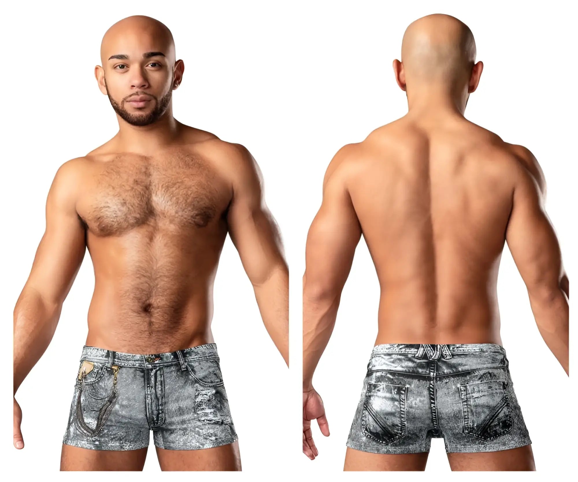 Distressed gray denim mini shorts with a faded worn look and visible stitching male power 145 286 denim print