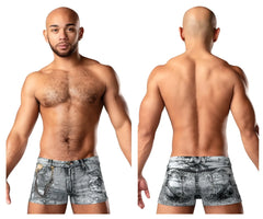 Distressed gray denim mini shorts with a faded worn look and visible stitching male power 145 286 denim print