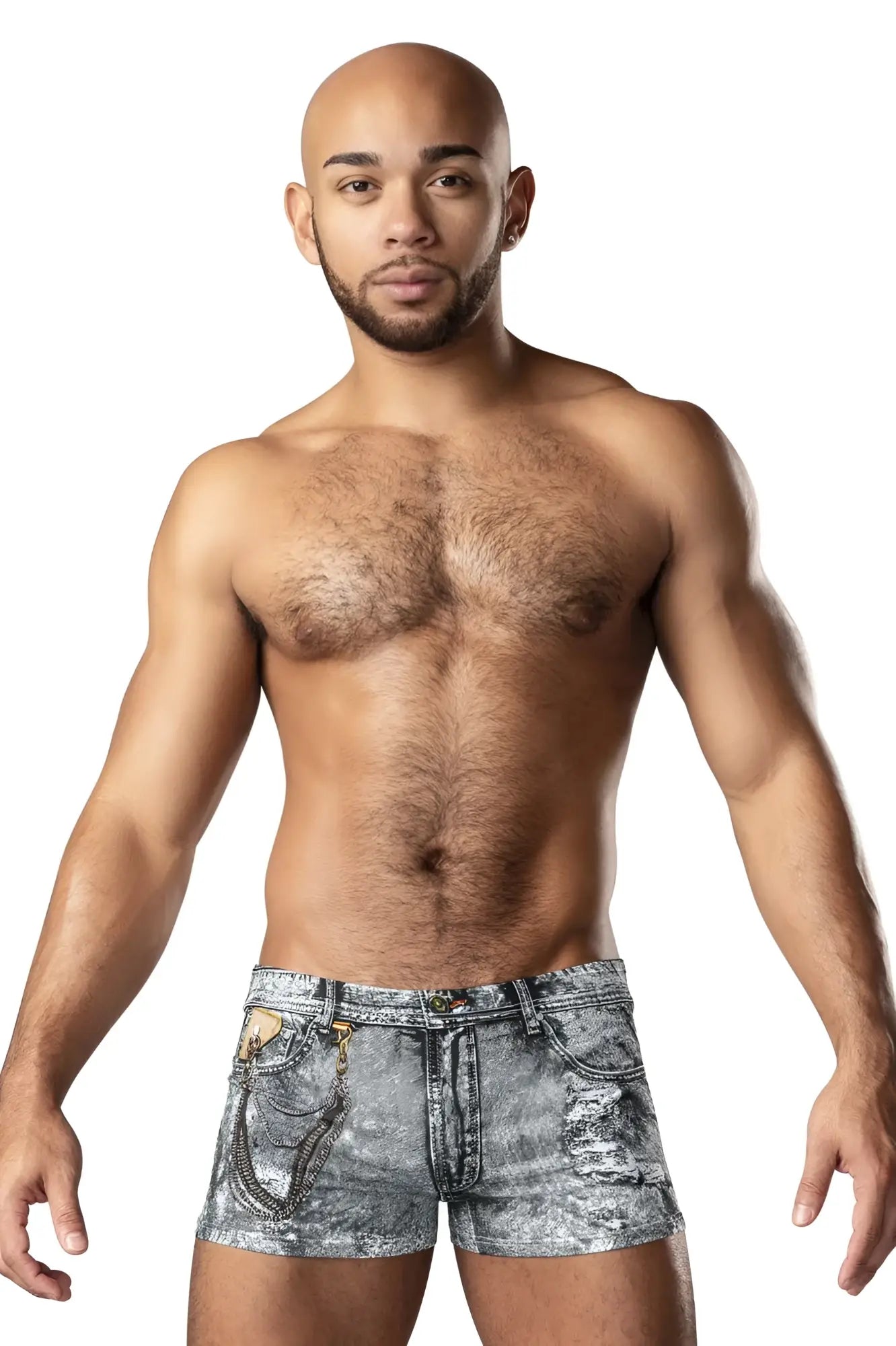 Male power 145-286 dirty denim mini short in distressed faded gray wash with decorative chain on front pockets