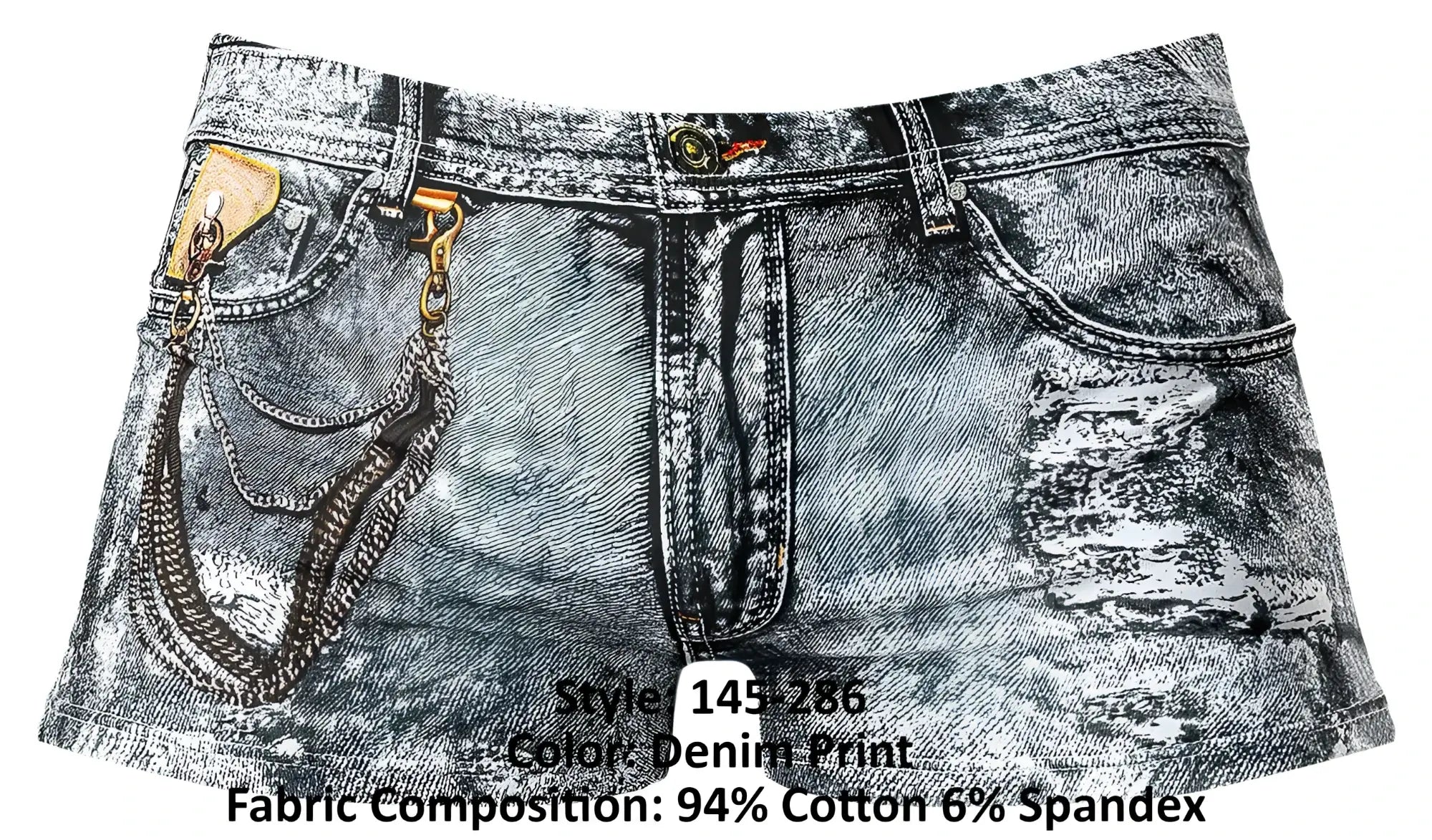Male power 145-286 dirty denim mini short in faded gray distressed denim with frayed edges and metallic chain accents