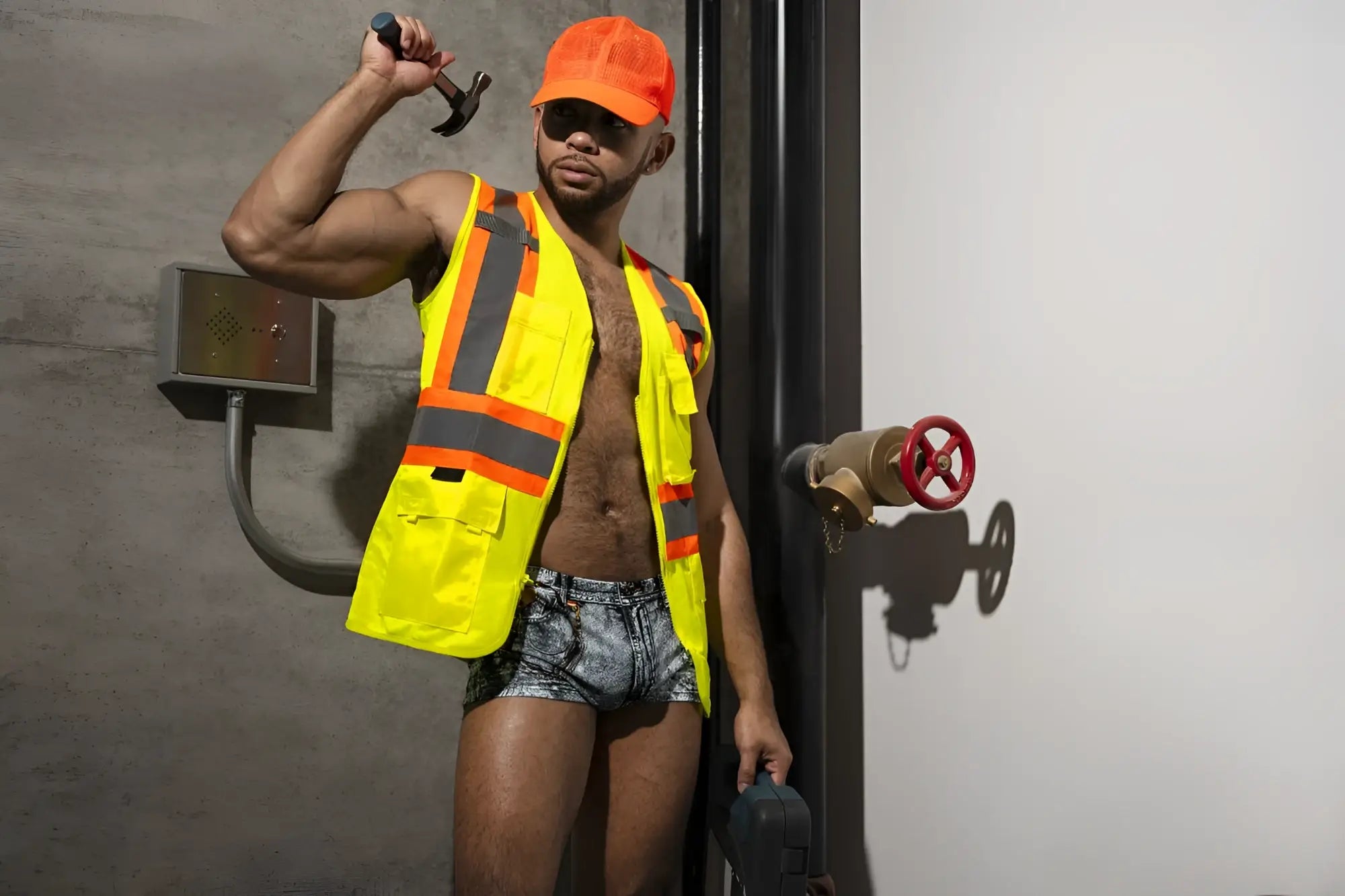 A muscular man wearing a bright yellow safety vest and Male Power 145-286 dirty denim mini shorts in denim print