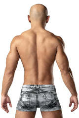 Back view of male power 145-286 dirty denim mini short in distressed faded gray and black wash with classic stitching