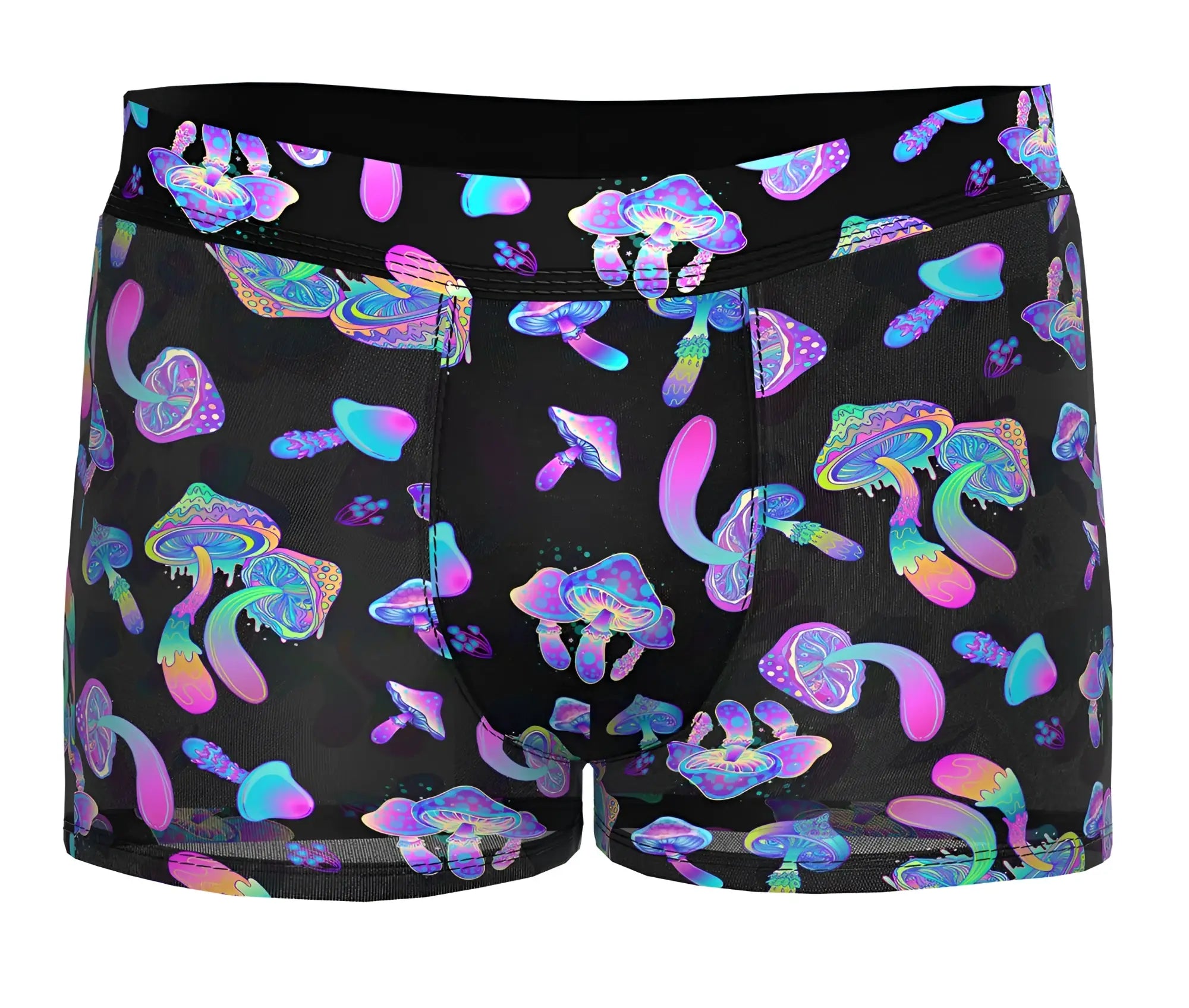 Male power 145-294 hazy dayz black boxer briefs with vibrant iridescent purple pink and blue mushroom pattern