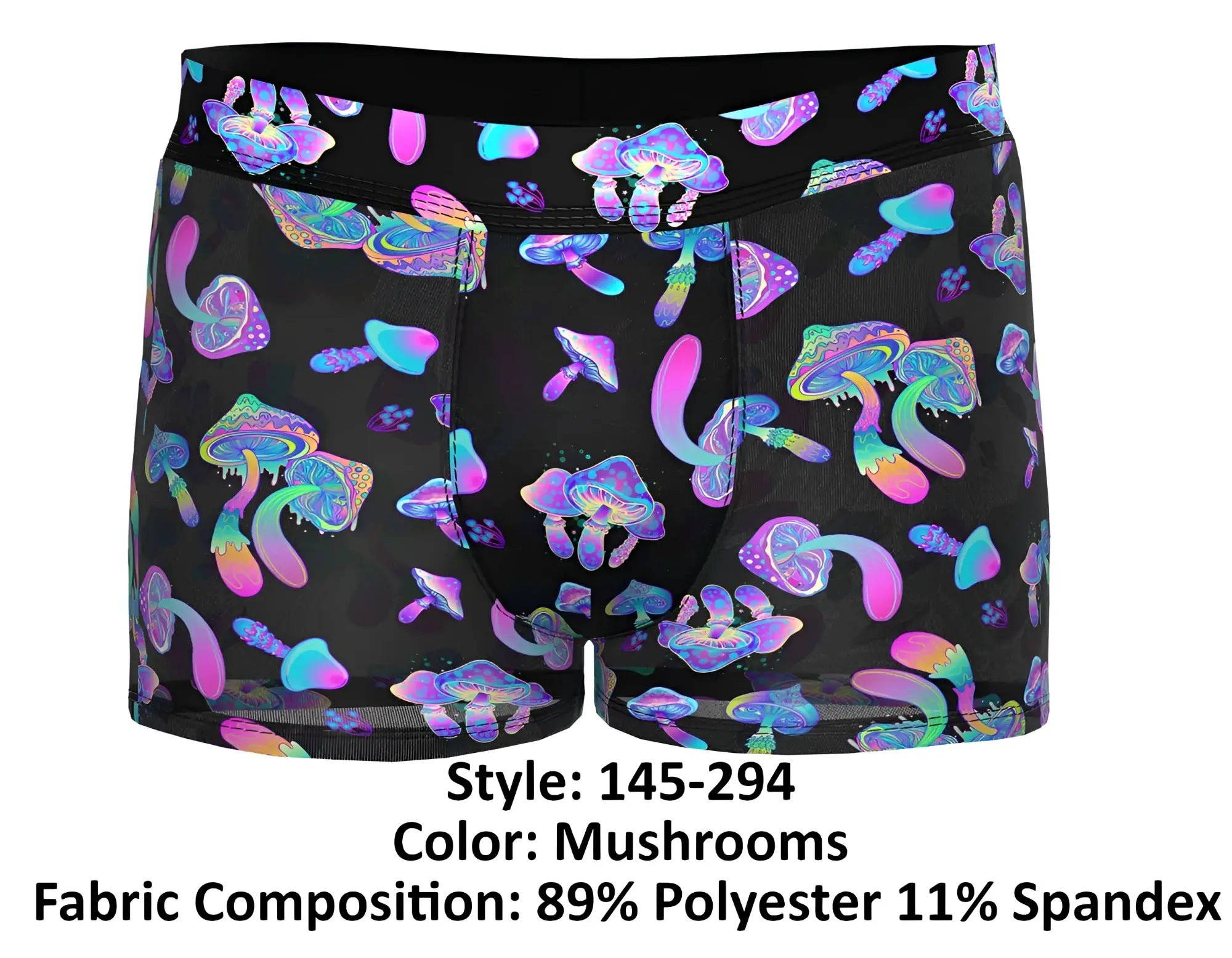 Black boxer briefs male power 145-294 hazy dayz pouch short with vibrant purple pink and teal iridescent mushroom pattern