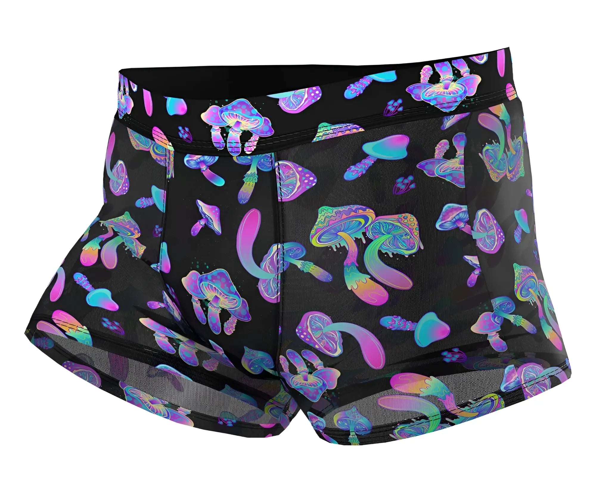 Male power 145-294 hazy dayz black mesh pouch shorts with vibrant purple pink teal iridescent mushroom pattern