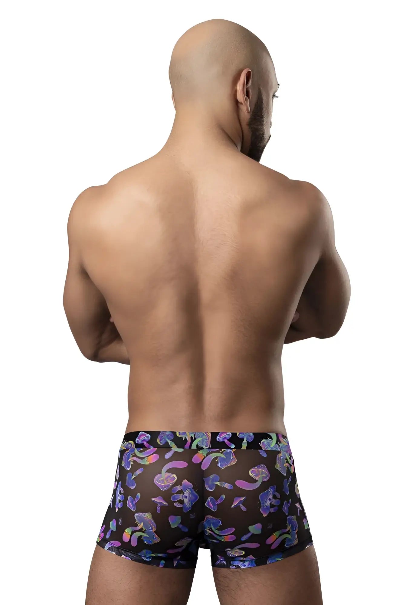 Black sheer boxer briefs with vibrant purple pink and blue mushroom pattern by Male Power 145-294 Hazy Dayz