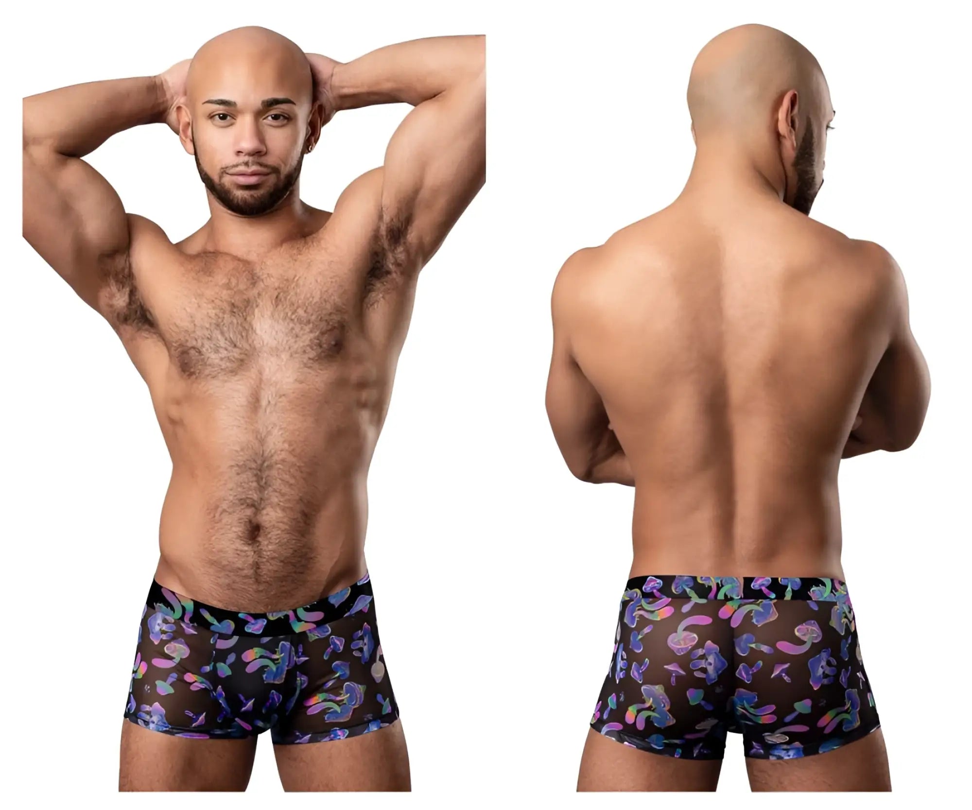 Black sheer boxer briefs male power 145-294 hazy dayz pouch short with vibrant purple pink and blue abstract pattern