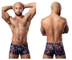 Black sheer boxer briefs male power 145-294 hazy dayz pouch short with vibrant purple pink and blue abstract pattern