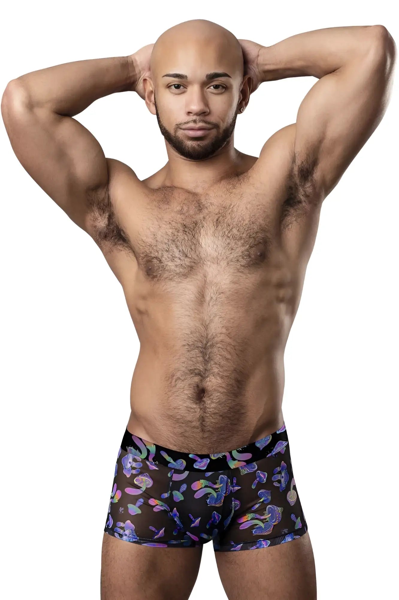 Black briefs male power 145-294 hazy dayz pouch short with vibrant iridescent purple and blue floral pattern