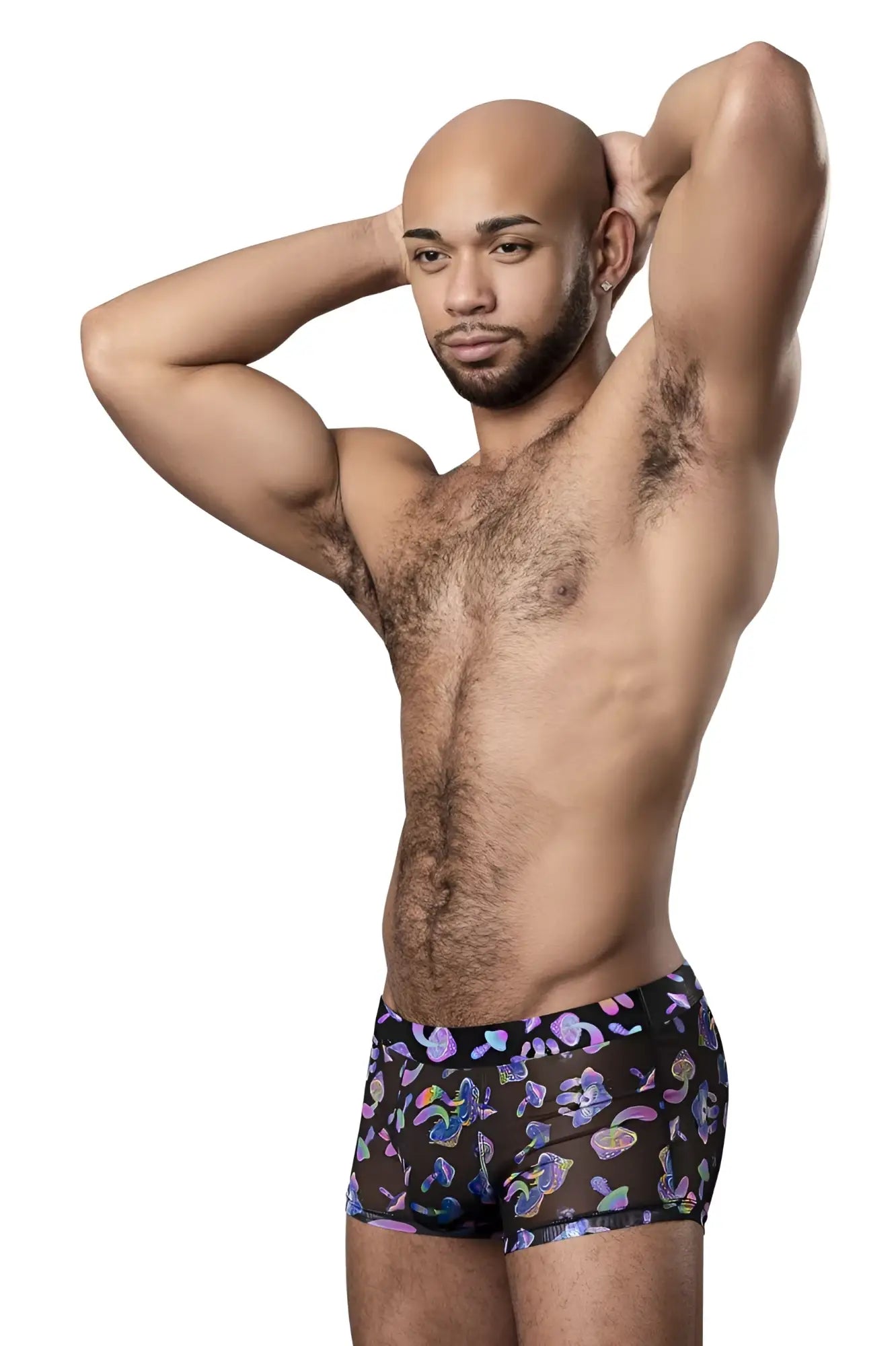 Male power 145-294 hazy dayz black briefs with vibrant unicorn and rainbow pouch short color mushrooms pattern