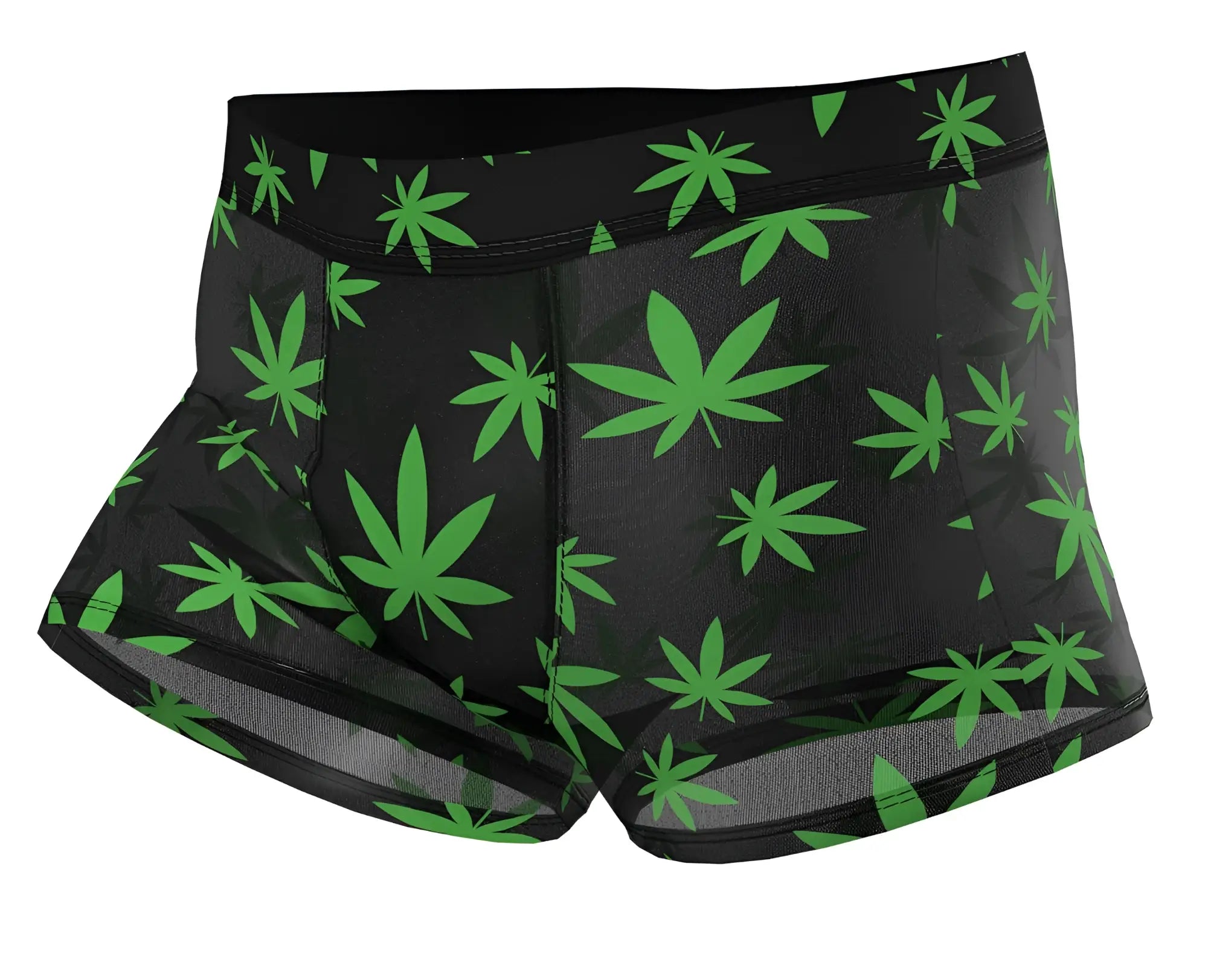 Male power 145-294 hazy dayz pouch short boxer briefs with vibrant green pot leaf pattern on black fabric