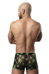 Male power 145-294 hazy dayz pouch short black sheer boxer briefs with vibrant green cannabis leaf pattern