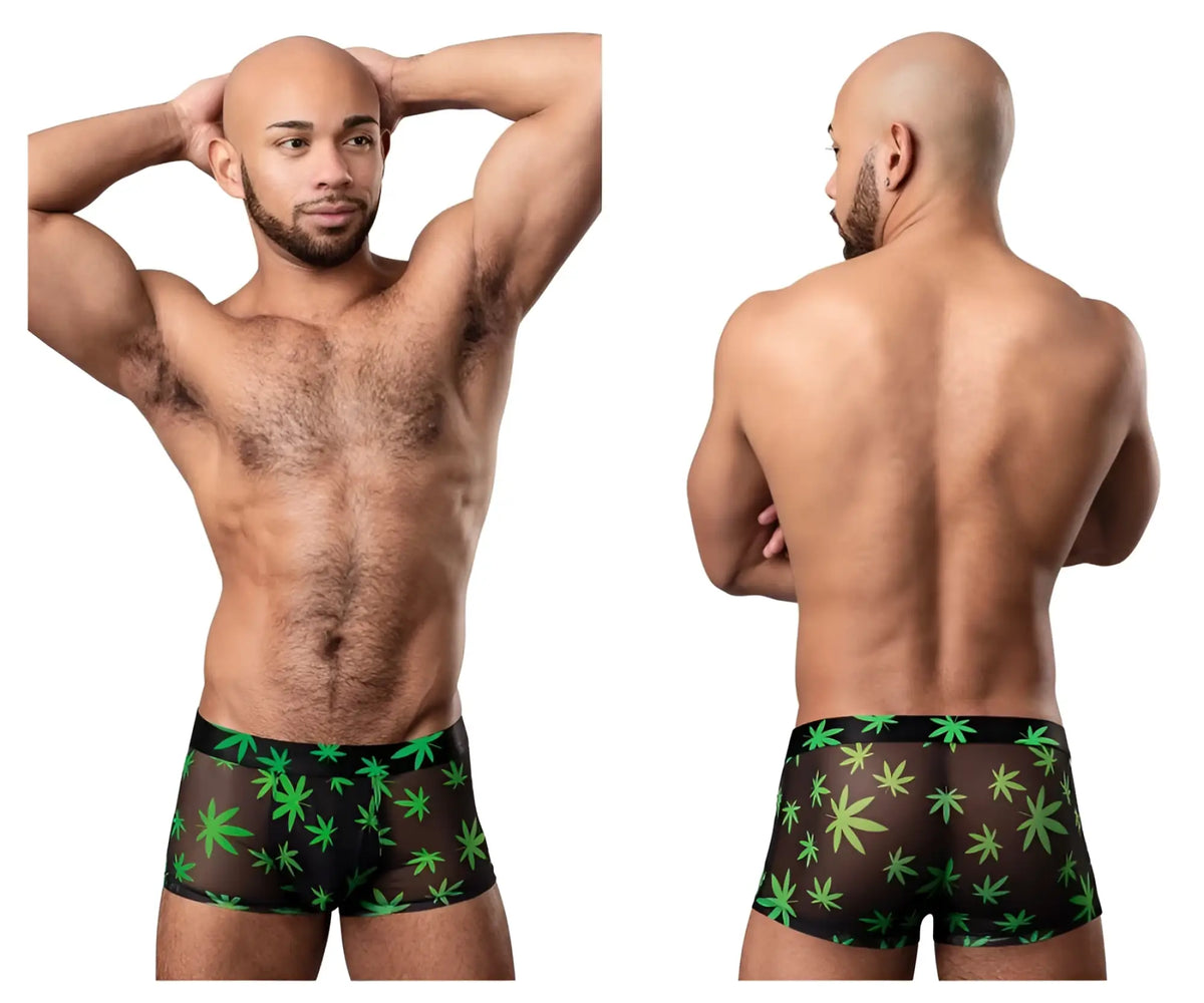 Black sheer boxer briefs with vibrant green marijuana leaf pattern from Male Power 145-294 Hazy Dayz pouch short
