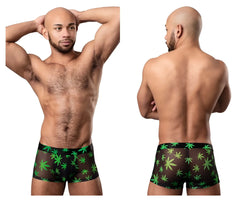 Black sheer boxer briefs with vibrant green marijuana leaf pattern from Male Power 145-294 Hazy Dayz pouch short