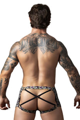Male power 148-303 gridlocked strappy back short in black and patterned leather harness briefs with crisscross straps back view