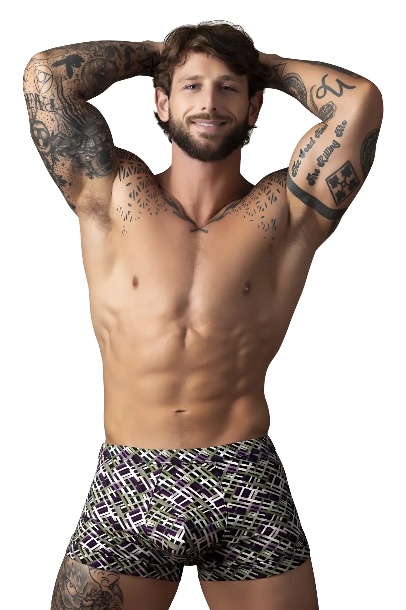 Male power 148-303 gridlocked strappy back men’s briefs in black white and green geometric pattern showing back side